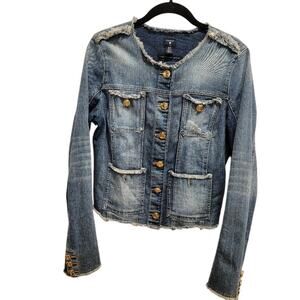 VTG GUESS Denim Jacket Women's Distressed Blue Sz M Gold Buttons Y2k Streetwear